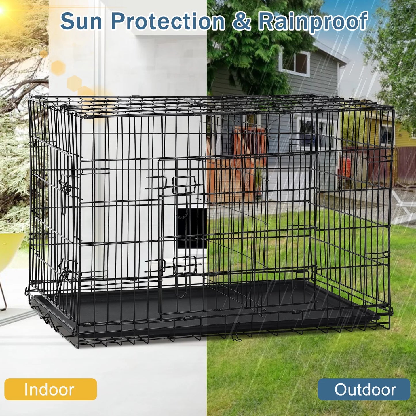 48 Inch Dog Crate, Dog Crates and Kennels for Big Dog Foldable Large Dog Crate for Large Dogs with Handle Double-Door Outdoor Metal Wire Dog Cage with Plastic Tray for Medium Dogs, Black