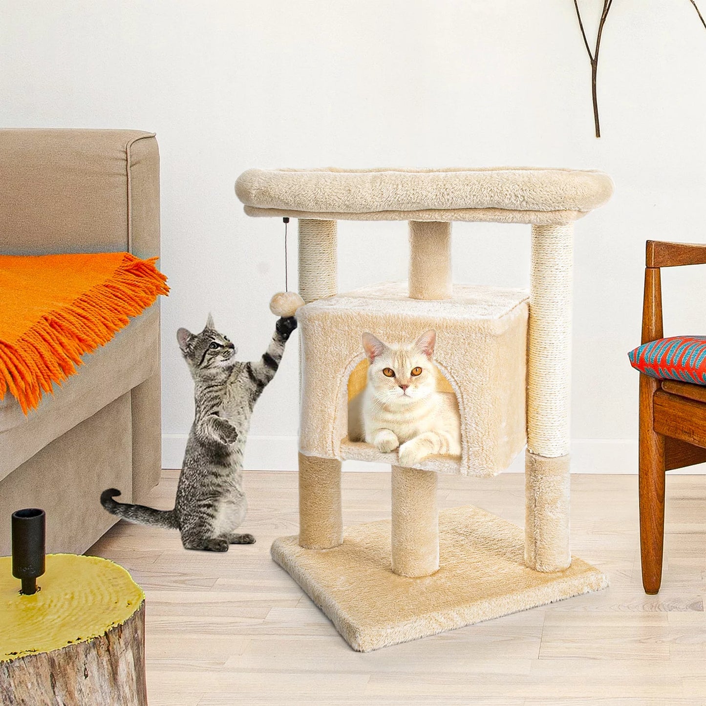 29" Cat Tree Tower for Indoor Cats Cat Condo with Sisal Scratching Posts, Plush Perch, Cat Bed Furniture, Beige