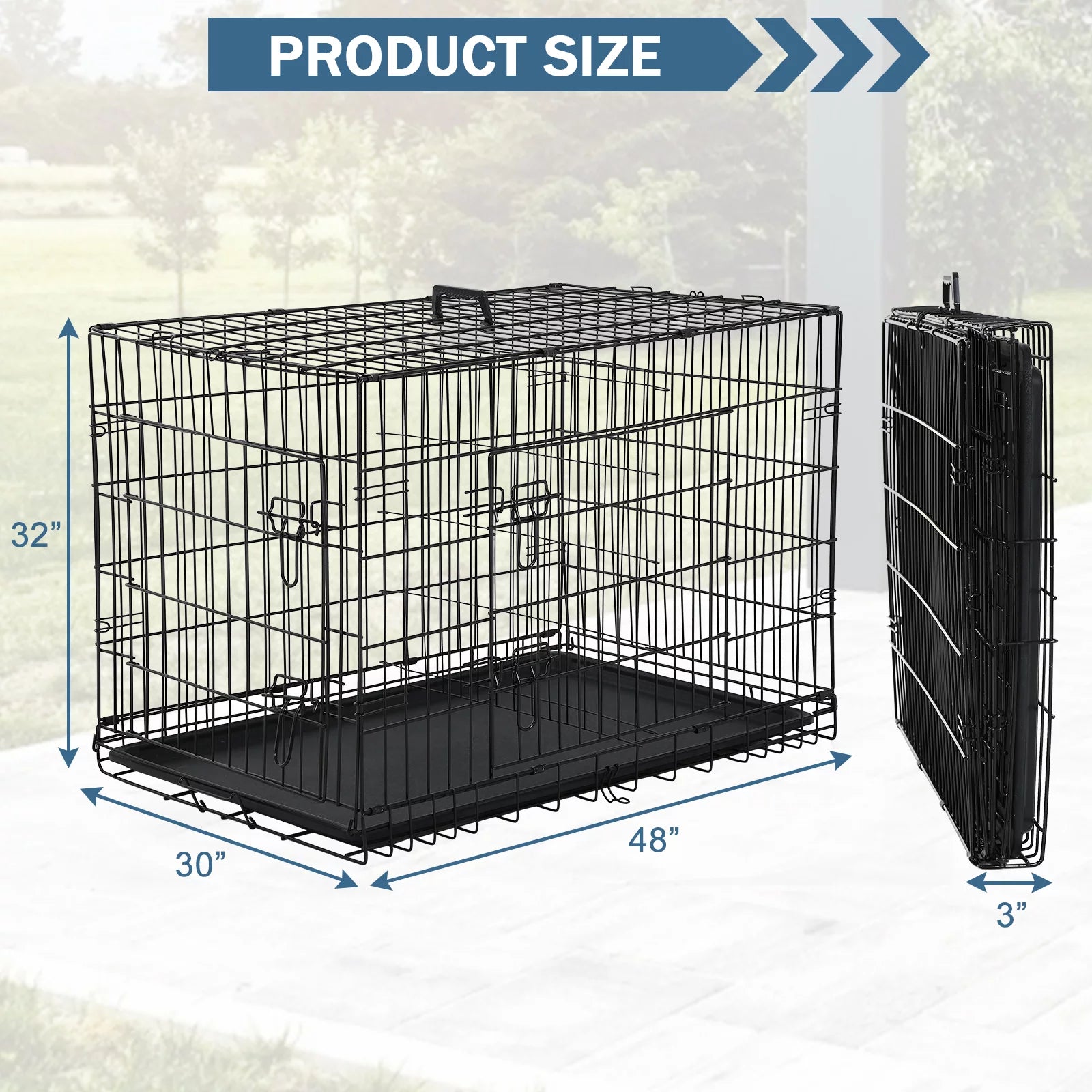 48 Inch Dog Crate, Dog Crates and Kennels for Big Dog Foldable Large Dog Crate for Large Dogs with Handle Double-Door Outdoor Metal Wire Dog Cage with Plastic Tray for Medium Dogs, Black