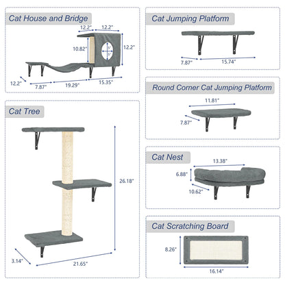 Cat Wall Shelves and Perches Set of 6 with Cat Perch, Indoor Cat Condo for Sleeping Playing Lounging Climbing Cat Tree House, Beige